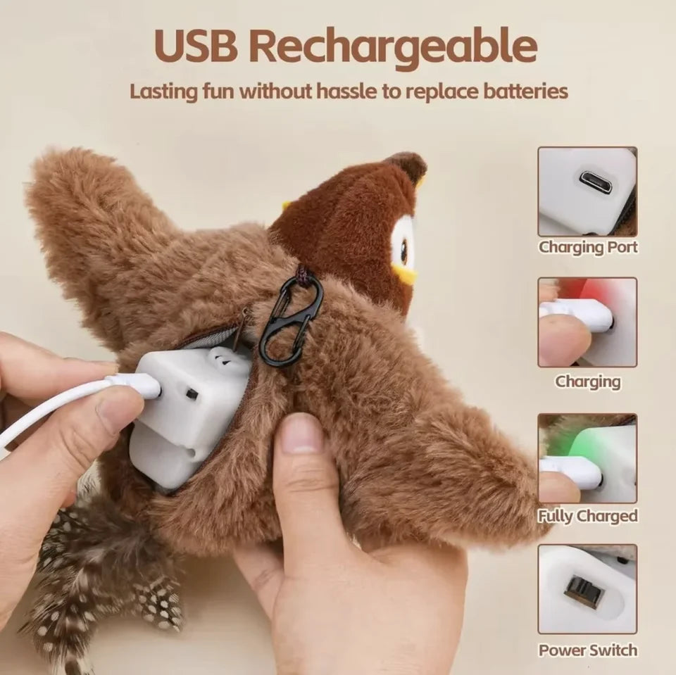 Pássaro de Pelúcia Interativo 4Cats – Brinquedo com Som, Movimento e Catnip Recarregável