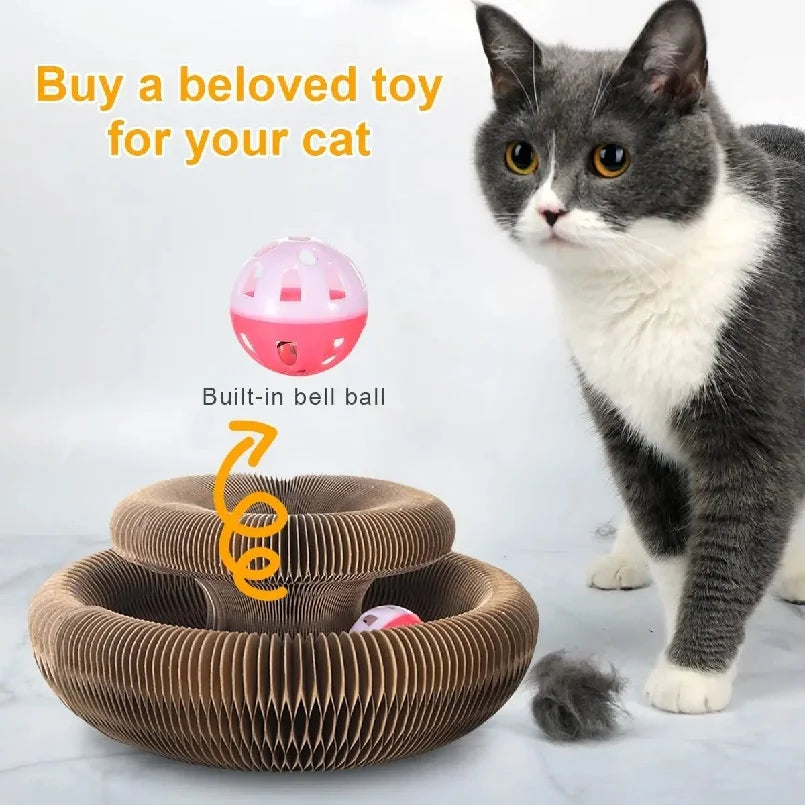 "Arranhador Mágico Sanfonado 3 em 1 para Gatos: Cama, Brinquedo e Diversão Reciclável!"