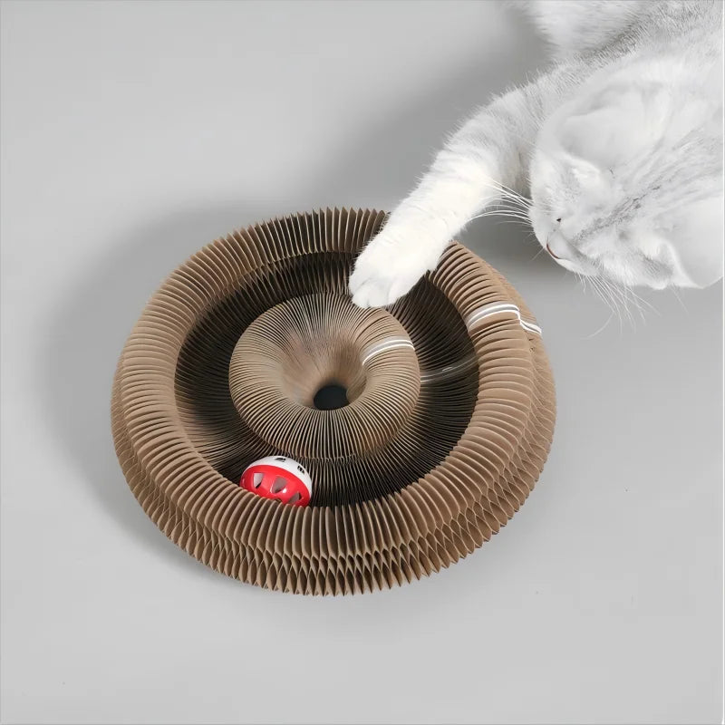 "Arranhador Mágico Sanfonado 3 em 1 para Gatos: Cama, Brinquedo e Diversão Reciclável!"
