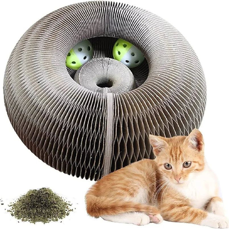 "Arranhador Mágico Sanfonado 3 em 1 para Gatos: Cama, Brinquedo e Diversão Reciclável!"