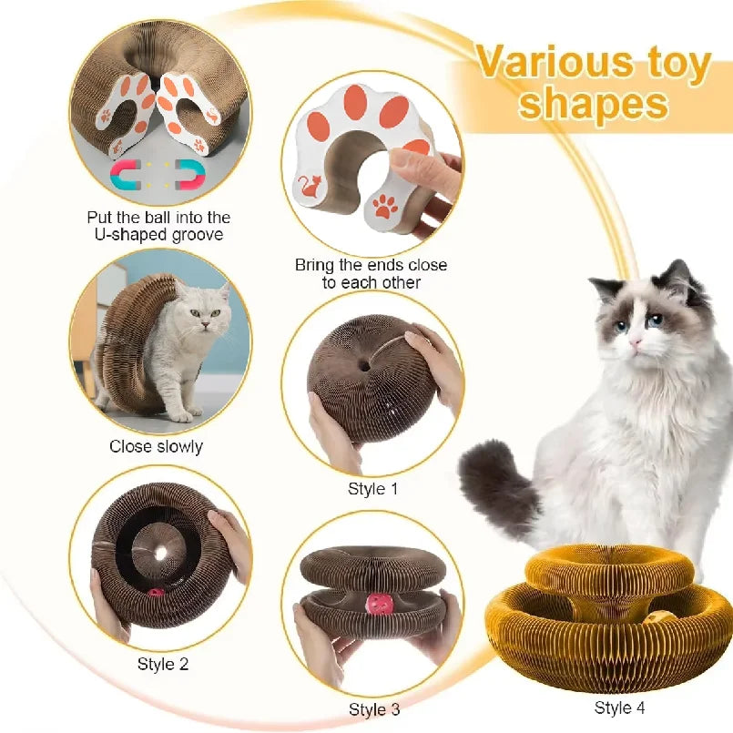 "Arranhador Mágico Sanfonado 3 em 1 para Gatos: Cama, Brinquedo e Diversão Reciclável!"