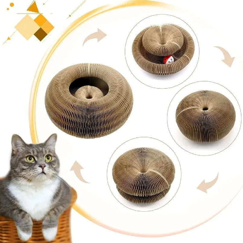"Arranhador Mágico Sanfonado 3 em 1 para Gatos: Cama, Brinquedo e Diversão Reciclável!"