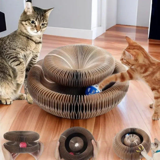 "Arranhador Mágico Sanfonado 3 em 1 para Gatos: Cama, Brinquedo e Diversão Reciclável!"