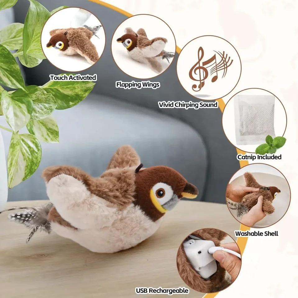 Pássaro de Pelúcia Interativo 4Cats – Brinquedo com Som, Movimento e Catnip Recarregável